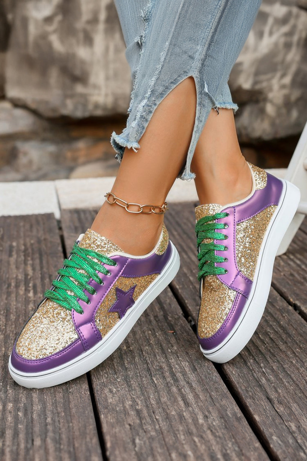 Gold Glitter Star Patchwork PU Leather Lace-up Sneakers