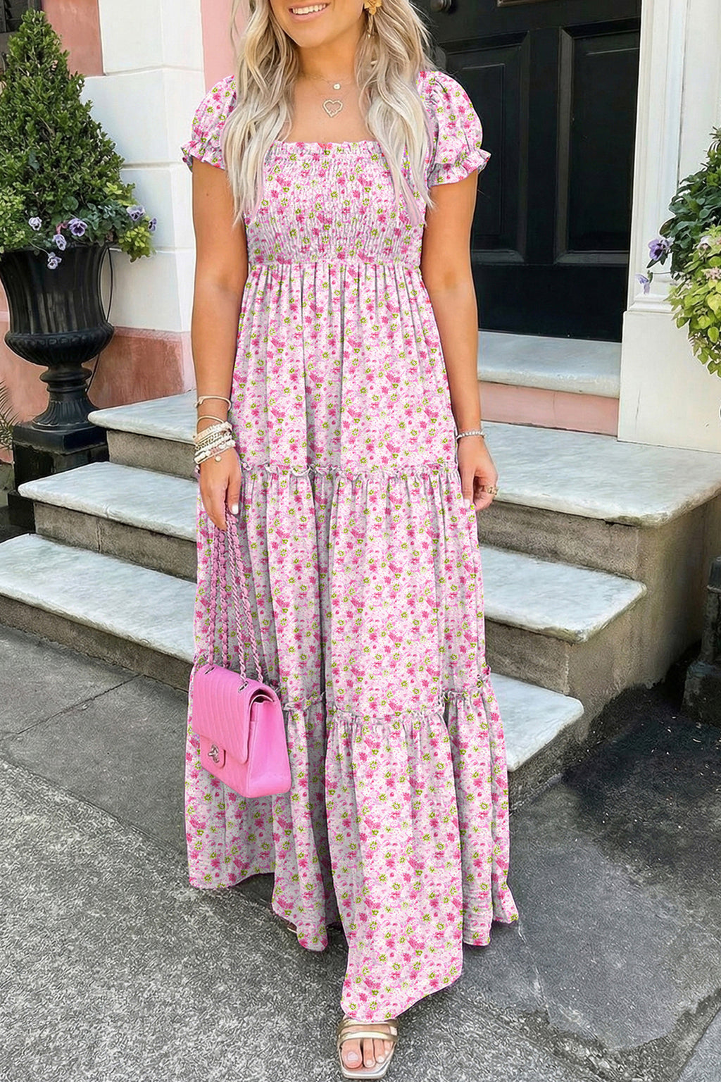 Green Floral Short Bubble Sleeve Shirred High Waist Maxi Dress