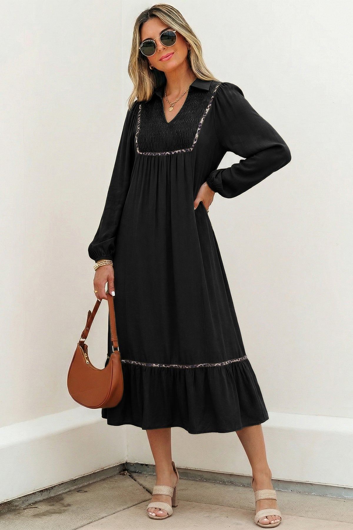 Four Leaf Clover Collared V Neck Smocked Detail Contrast Leopard Trim Bracelet Sleeve Long Dress