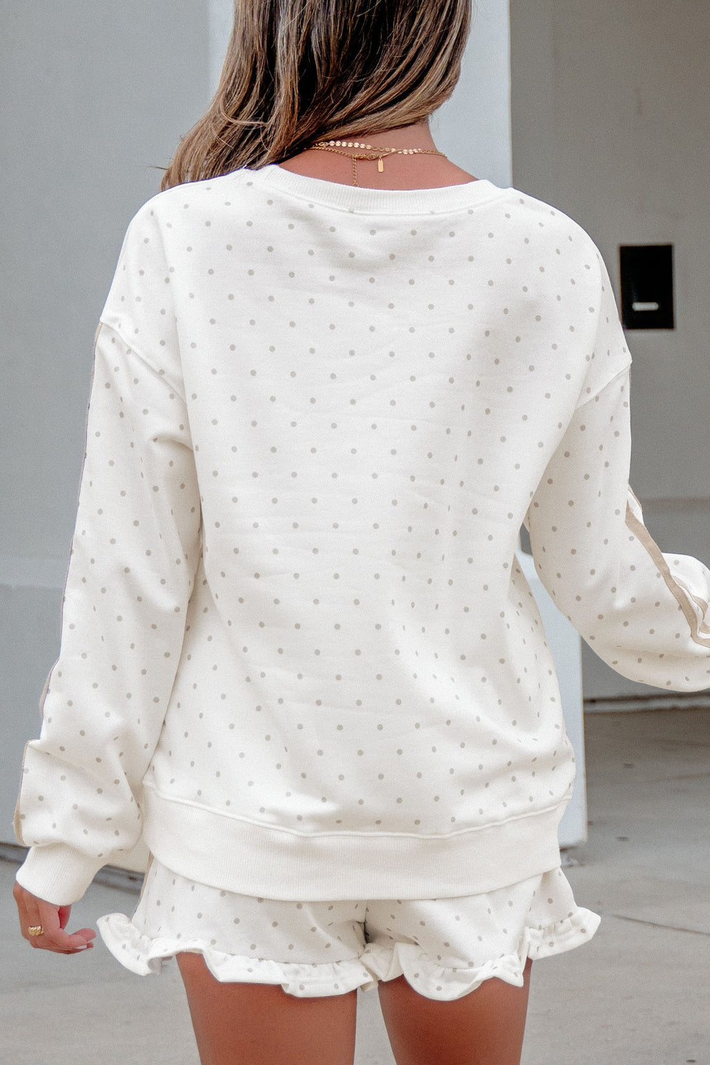 White Polka Dot Print Side Stripe Detail Casual Sweatshirt 2pcs Short Set