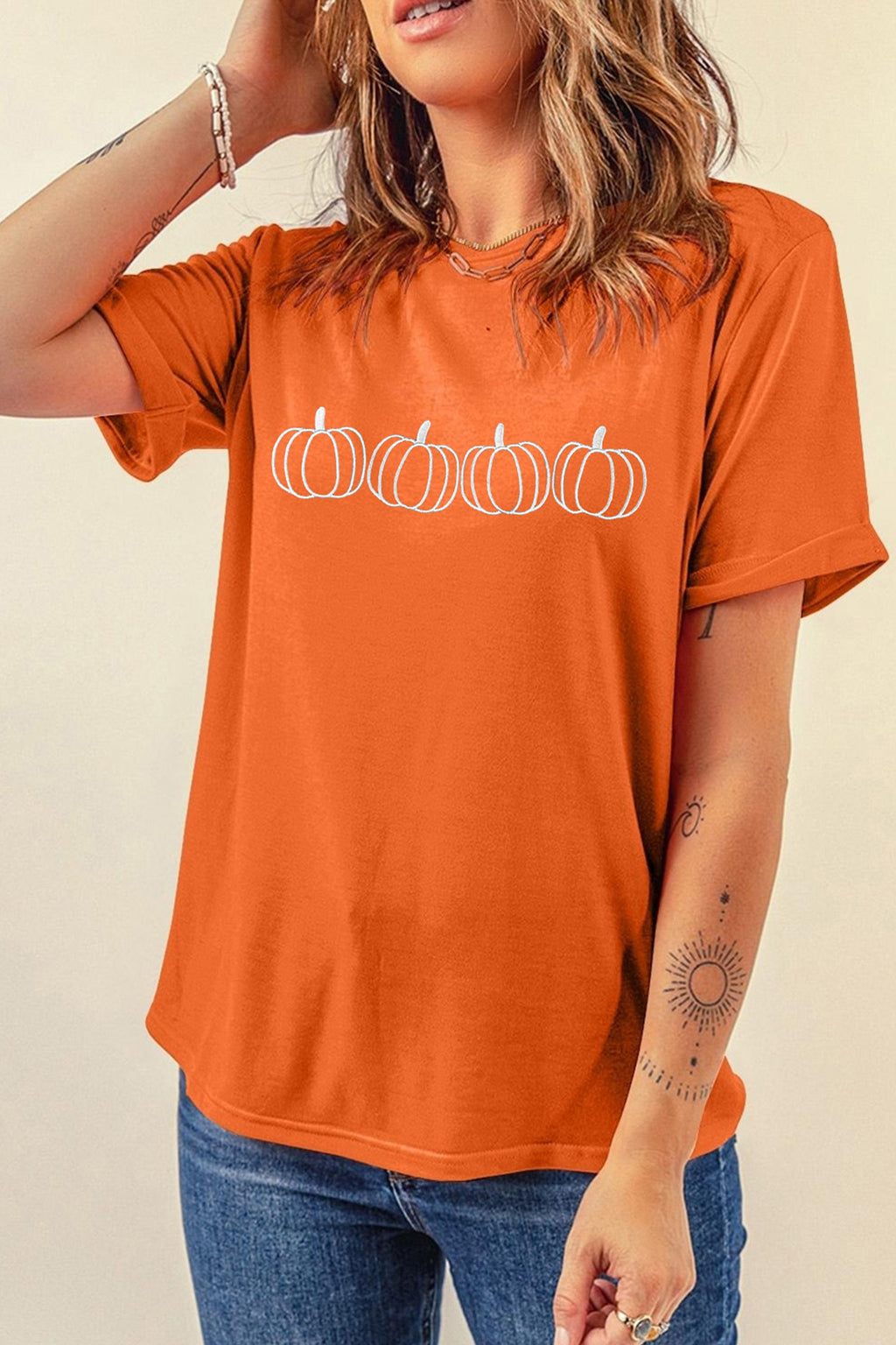 Orange Casual Pumpkin Embroidered Round Neck T-Shirt