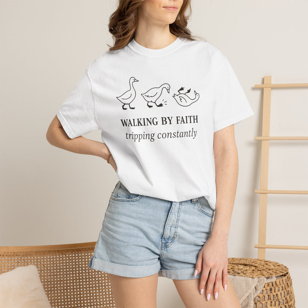 Faith Ducks T-Shirt — "Walking by Faith, tripping constantly" Christian Graphic Tee