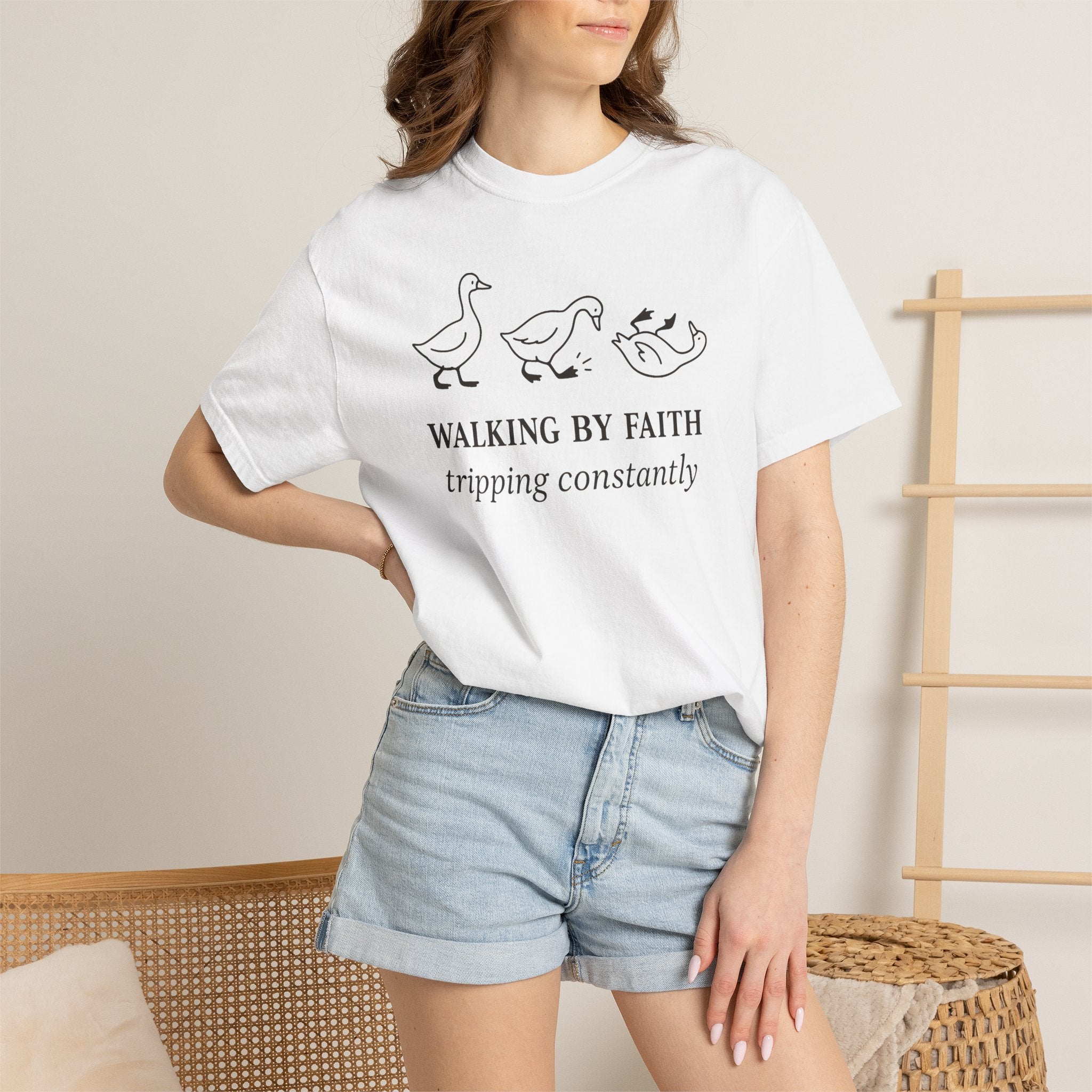 Faith Ducks T-Shirt — "Walking by Faith, tripping constantly" Christian Graphic Tee