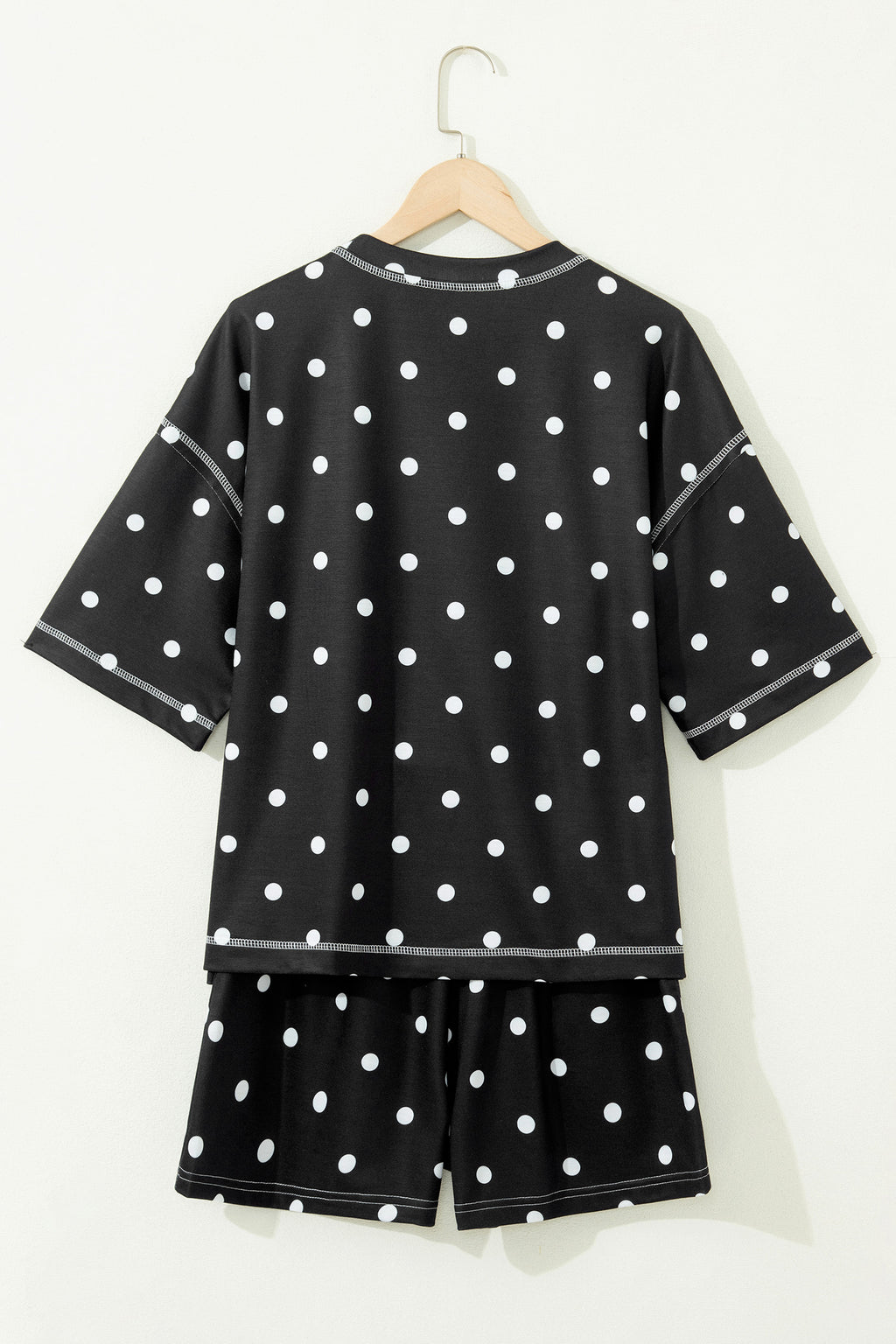 Pink Polka Dot Short Sleeve Loose Top Drawstring Shorts Set