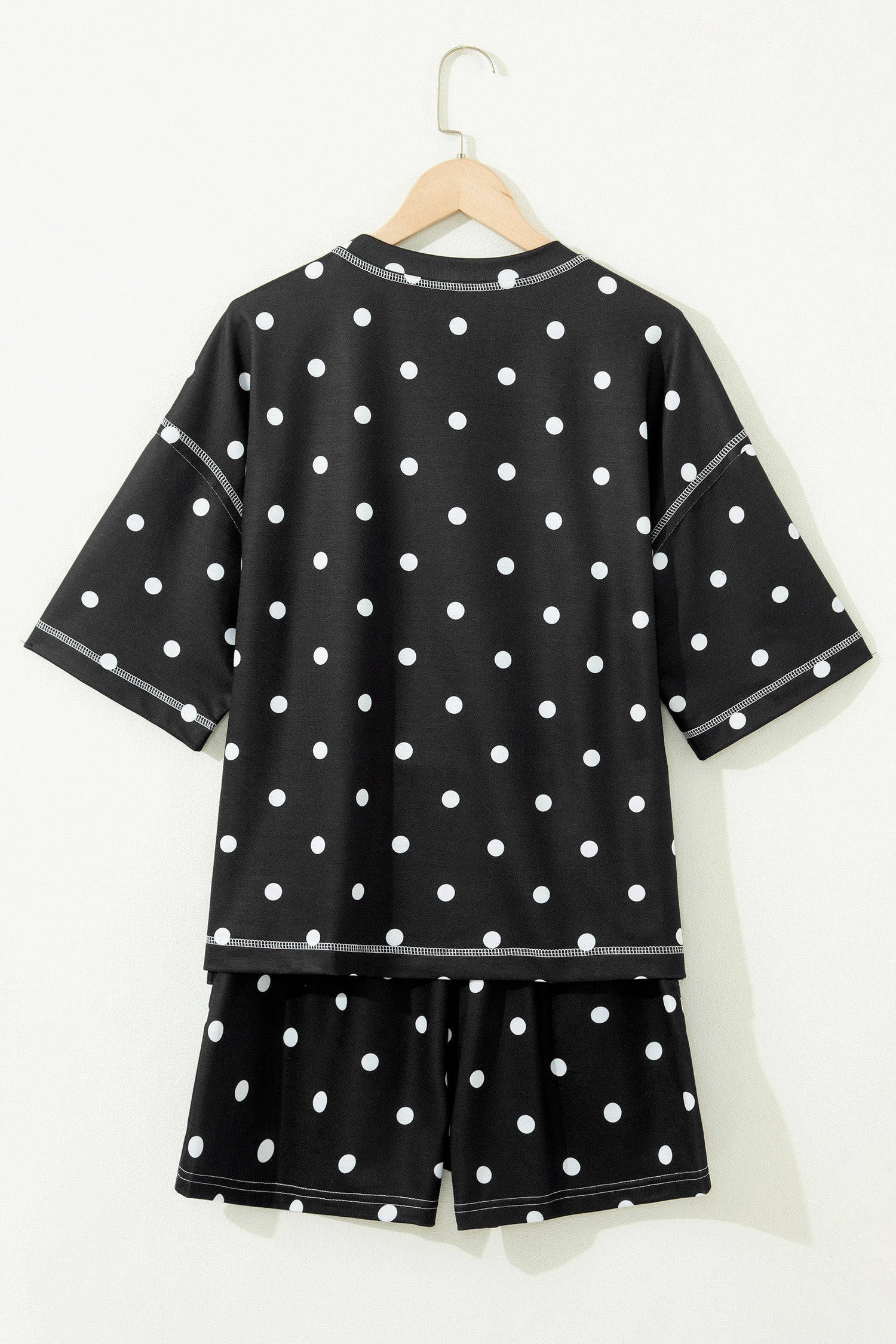 Pink Polka Dot Short Sleeve Loose Top Drawstring Shorts Set