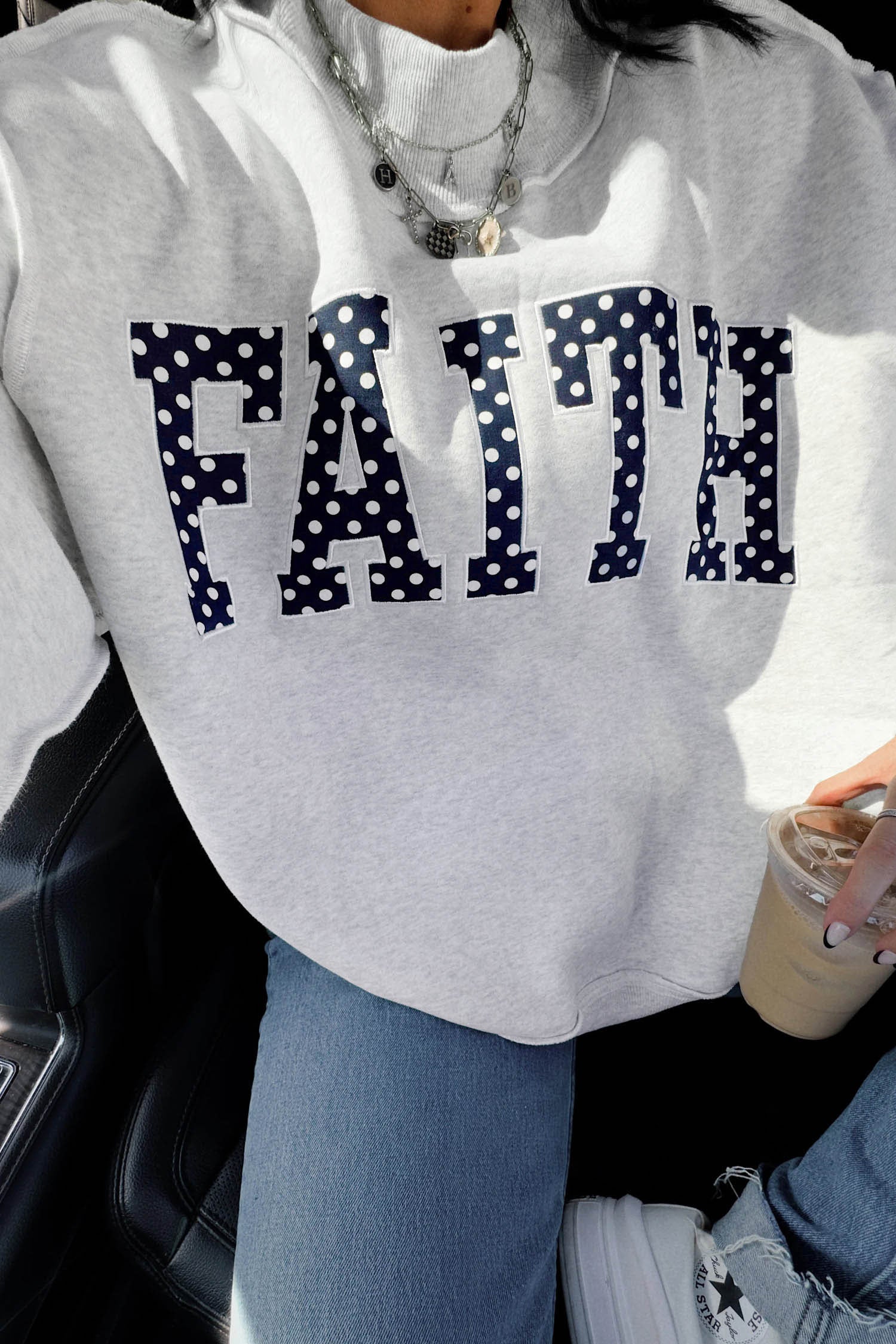 Gray High Neck Polka Dot Slogan Printed Baggy Sweatshirt