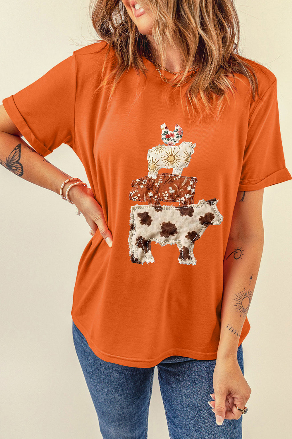 Orange Unique Animal Design Western Print T Shirt