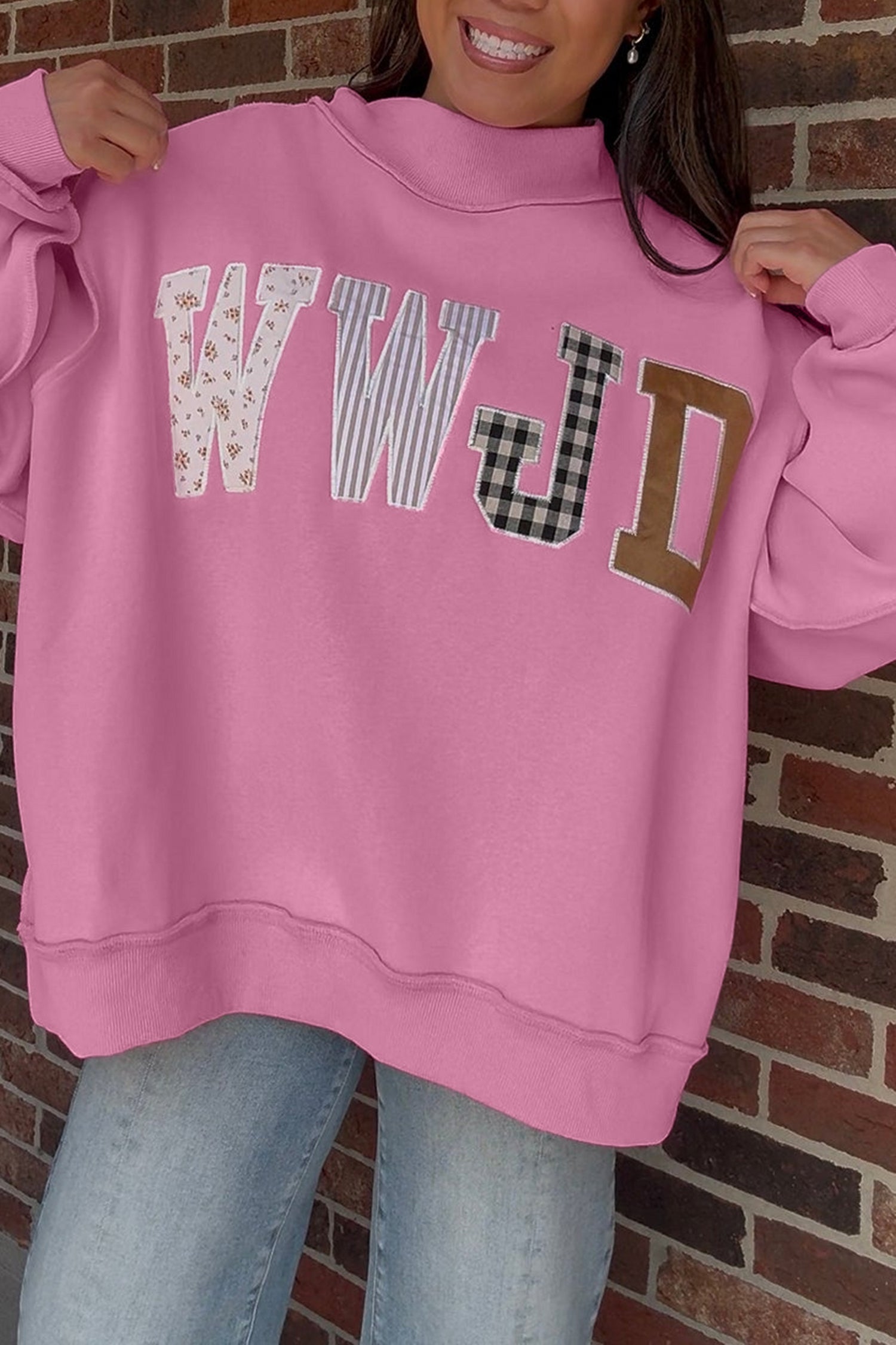 Gray WWJD Mixed Pattern Embroidered Patch Graphic Mock Neck Sweatshirt