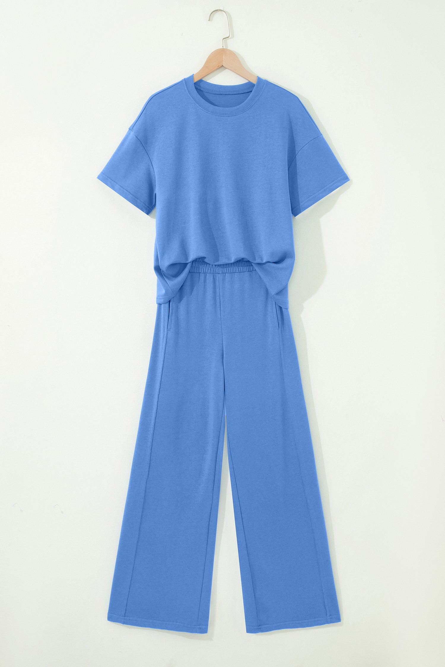 Sky Blue Solid Cover Oversize Tee Pocketed Casual Pants 2pcs Outfit