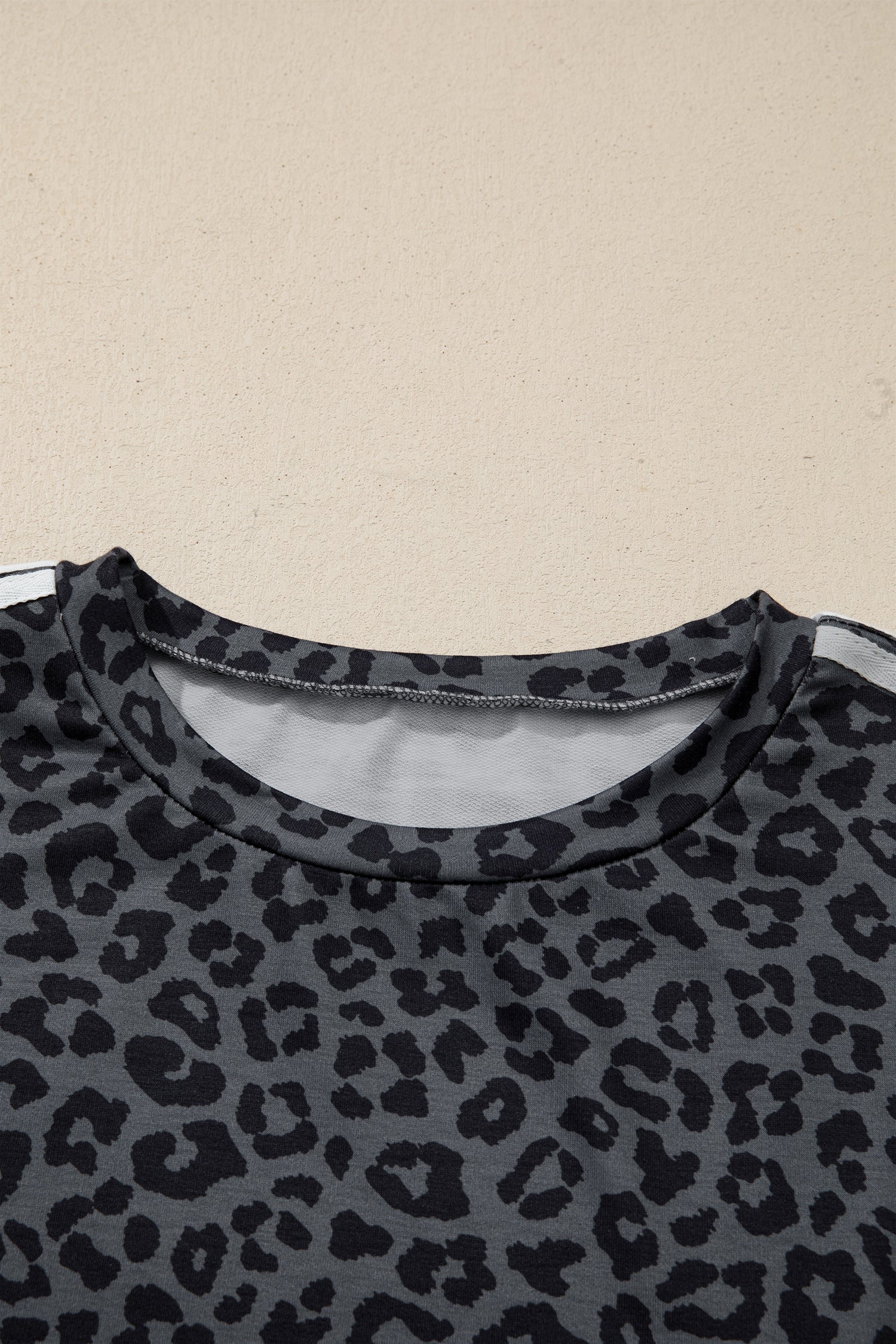 Gray Leopard Print Varsity Striped Detail 3/4 Sleeve Top Shift Pant Set