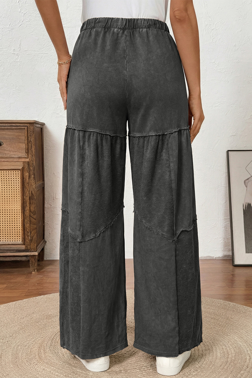 Vineyard Green Mineral Wash Tiered Wide Leg Patchwork Drawstring Pants