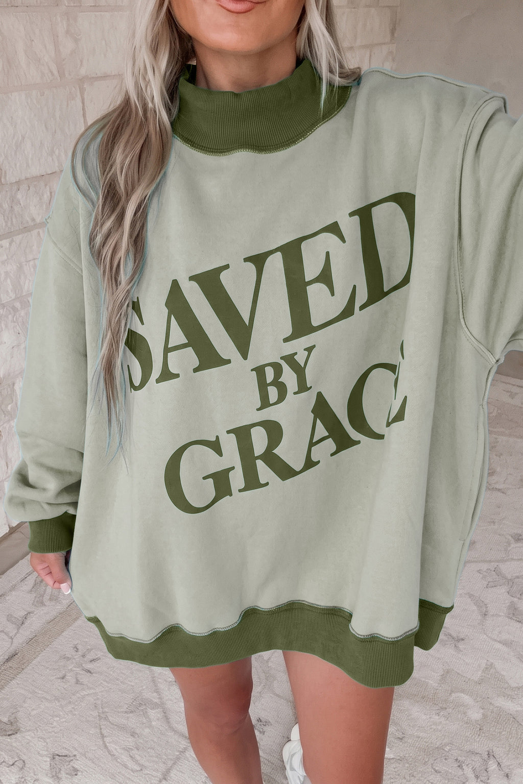 Bright Pink Saved By Grace Print Color Block Mock Neck Oversized Sweatshirt