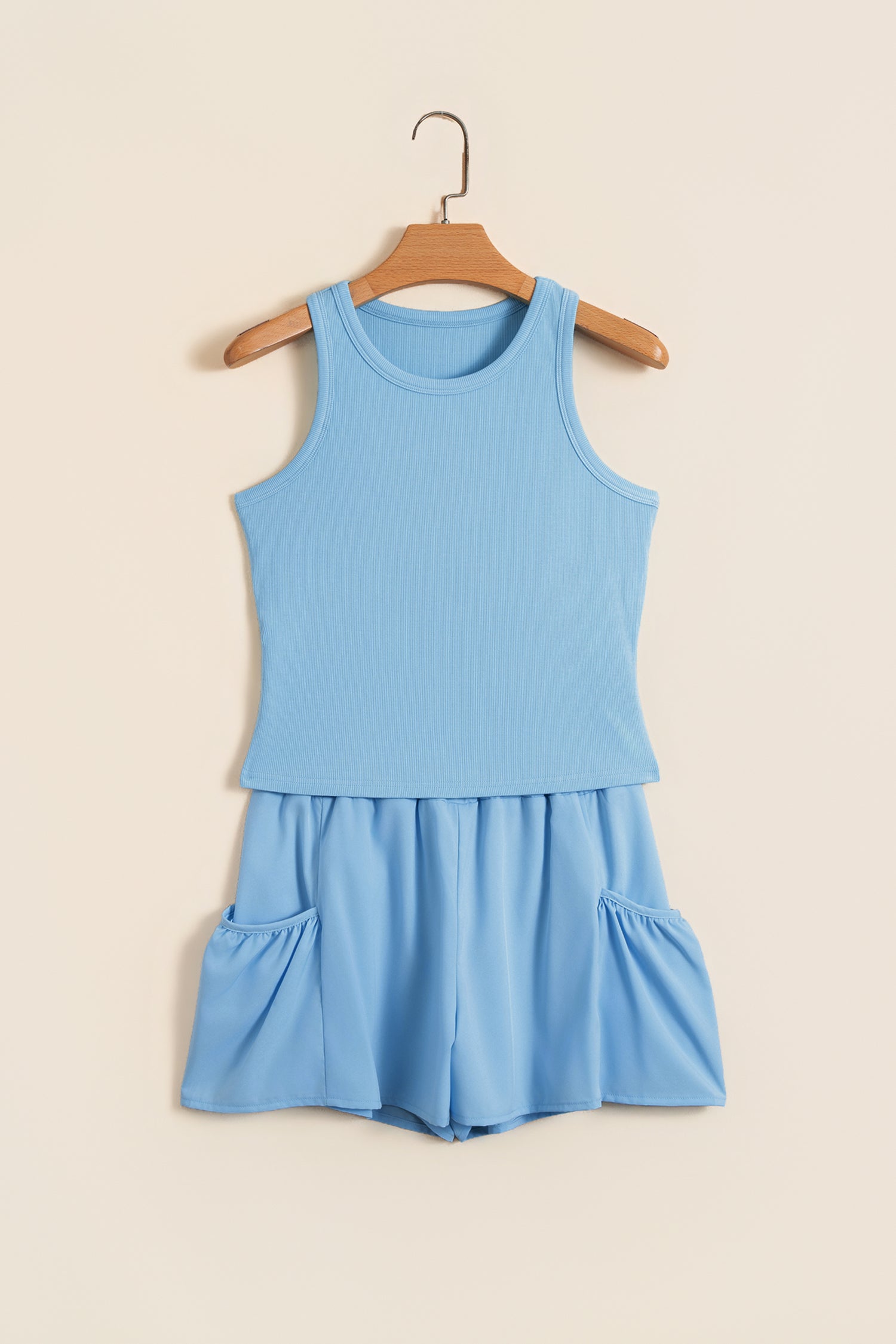 Dark Blue Ribbed Slim Tank Pocketed Wide Leg Shorts Set