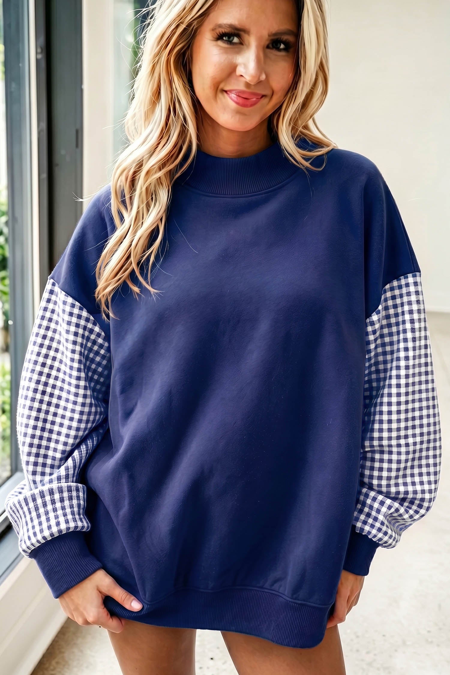 Fiery Red Plaid Sleeve Colorblock Loose Tunic Sweatshirt