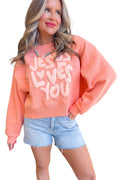Grapefruit Orange JESUS LOVES YOU Puffy Letter Graphic Sweatshirt