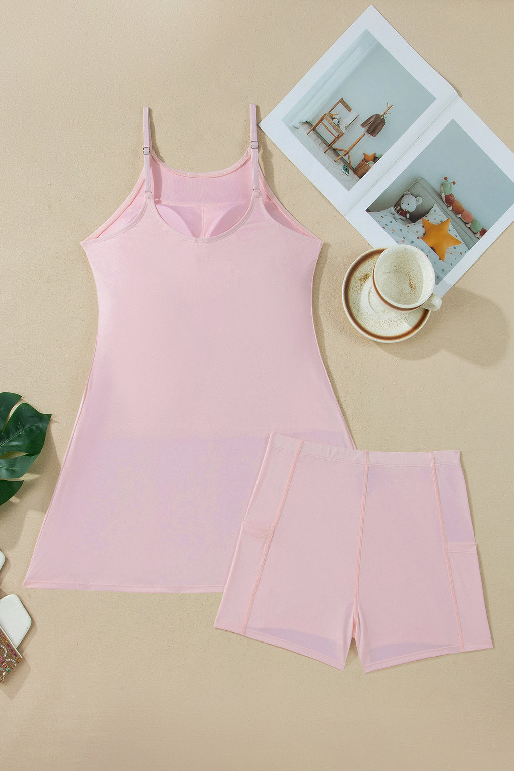 Beau Blue Solid Color Tunic Tank Dress Athletic Shorts Two Piece Set