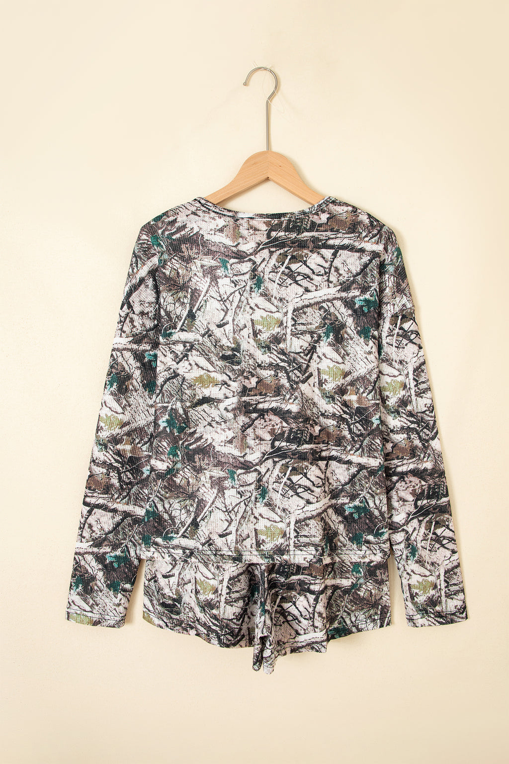 Brown Camo Long Sleeve Top Elastic Waist Shorts Two Piece Set