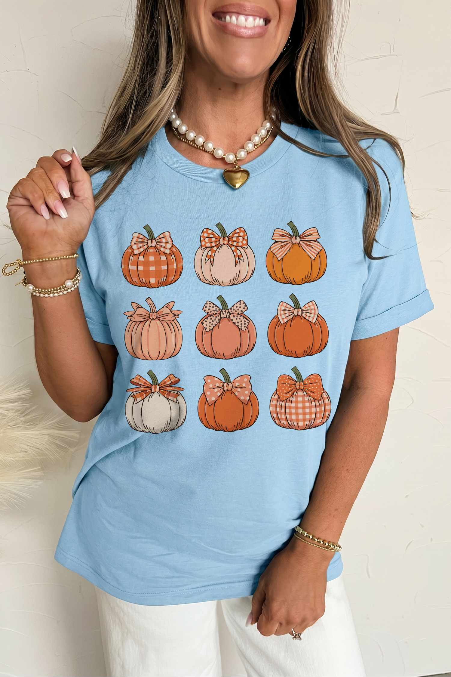 Light Blue Multi Pumpkin Print ODM Custom Graphic T Shirt
