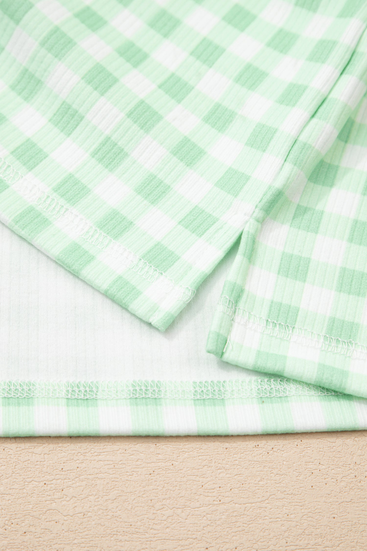 Green Gingham Long Sleeve Loose Top Drawstring Shorts 2pcs Lounge Set
