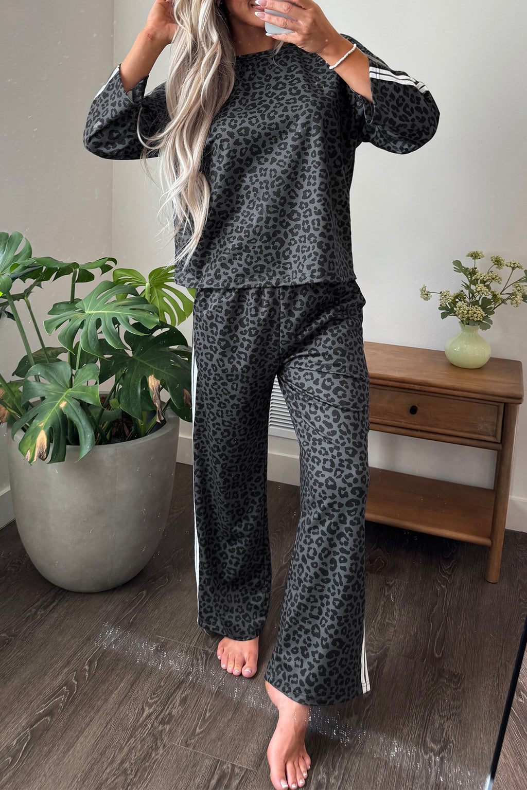Gray Leopard Print Varsity Striped Detail 3/4 Sleeve Top Shift Pant Set