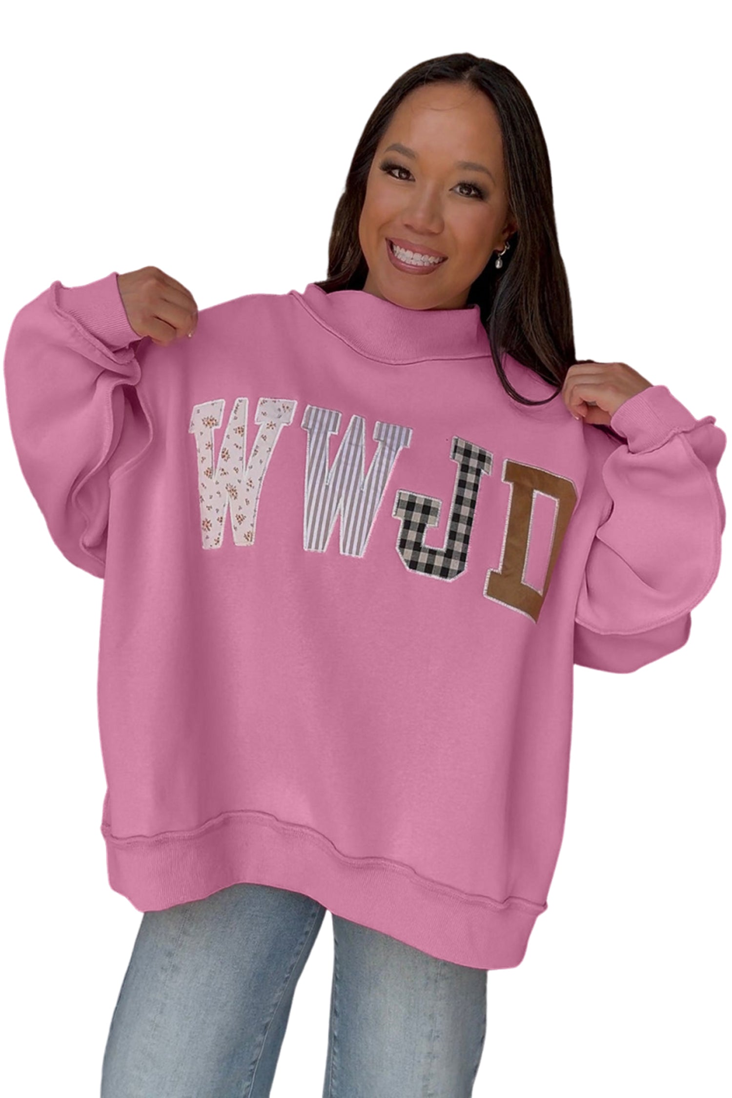Gray WWJD Mixed Pattern Embroidered Patch Graphic Mock Neck Sweatshirt