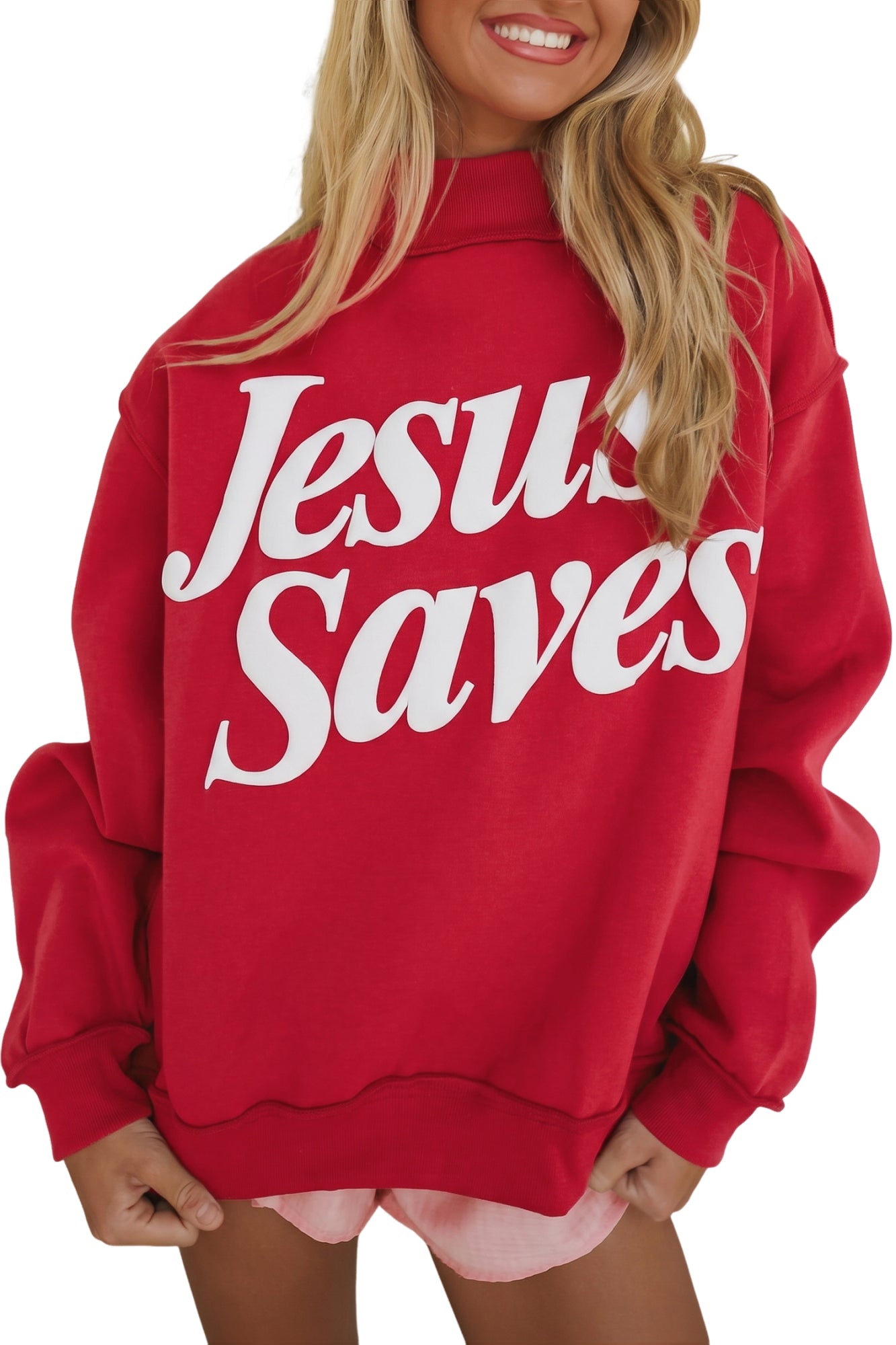 Mist Blue Jesus Saves Slogan Print Stand Neck Baggy Sweatshirt