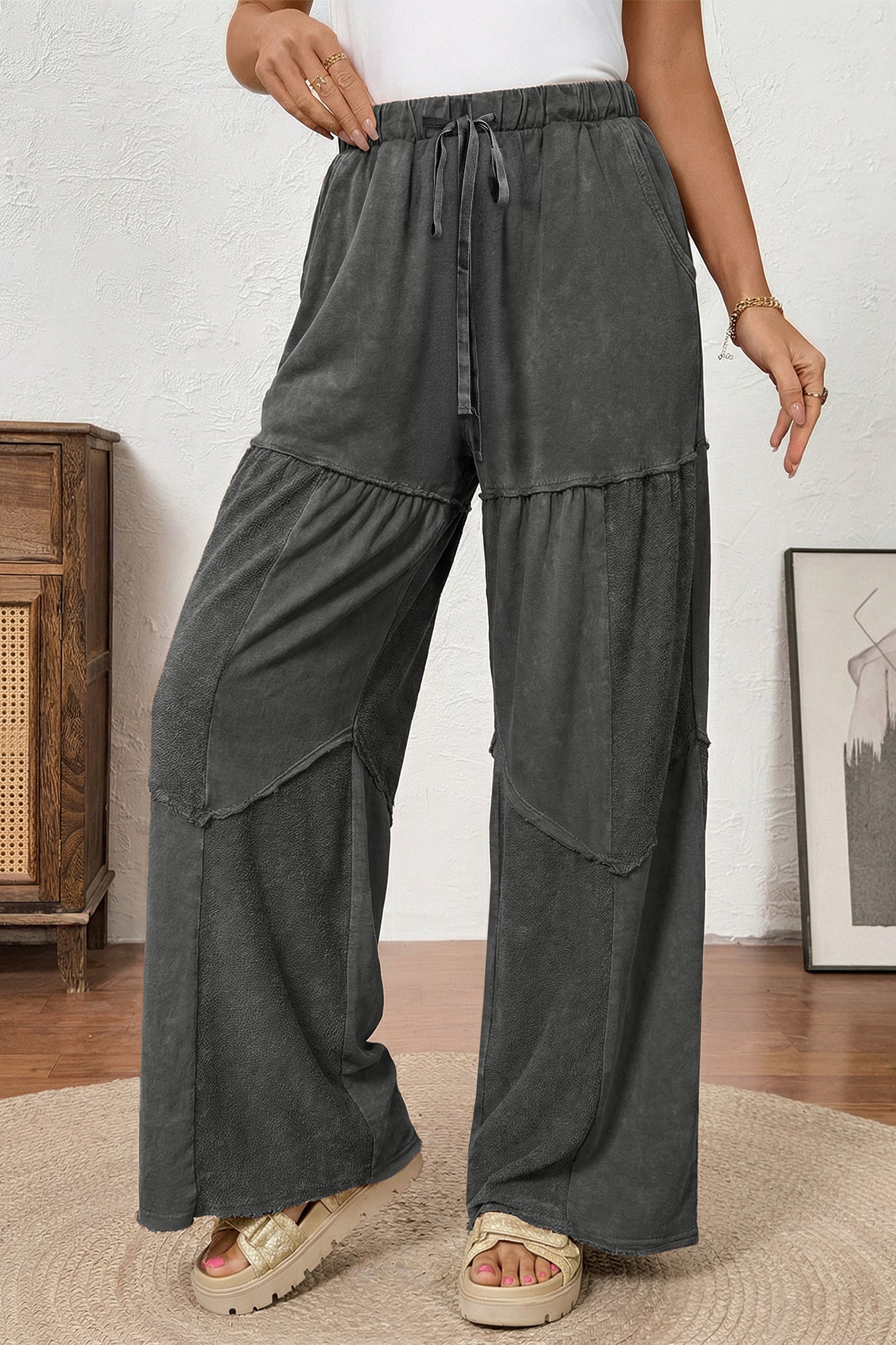Vineyard Green Mineral Wash Tiered Wide Leg Patchwork Drawstring Pants