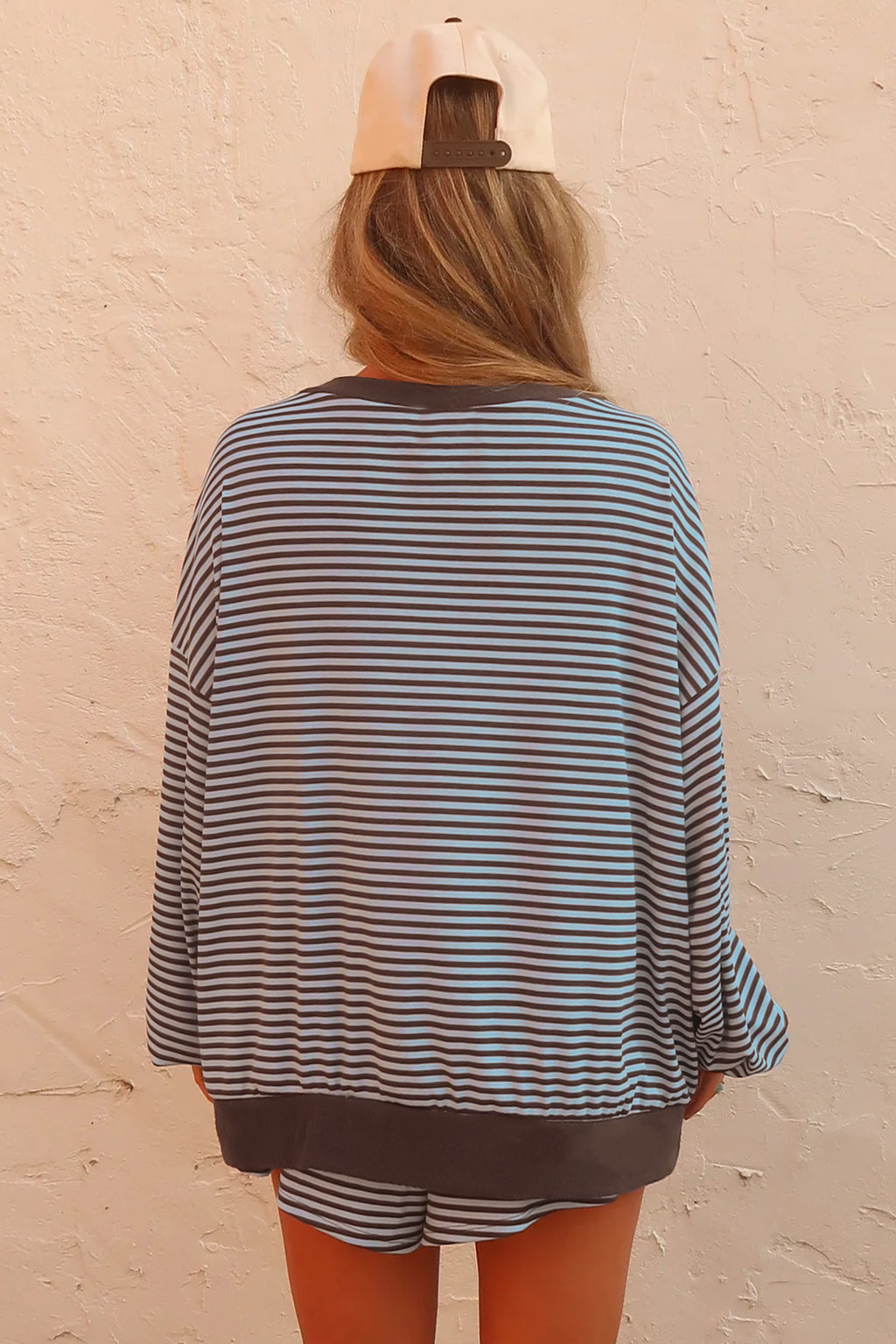 Yellow Stripe Oversized Long Sleeve Top Drawstring Loose Shorts 2pcs Set
