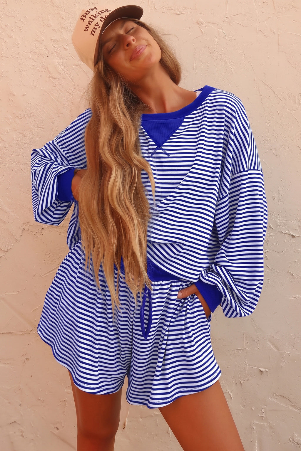 Yellow Stripe Oversized Long Sleeve Top Drawstring Loose Shorts 2pcs Set
