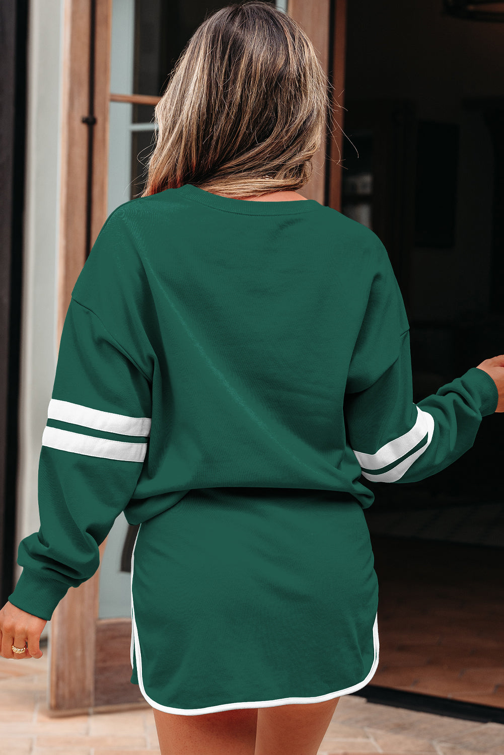 Orange Varsity Stripe Detail Drop Shoulder Pullover Mini Skort Set