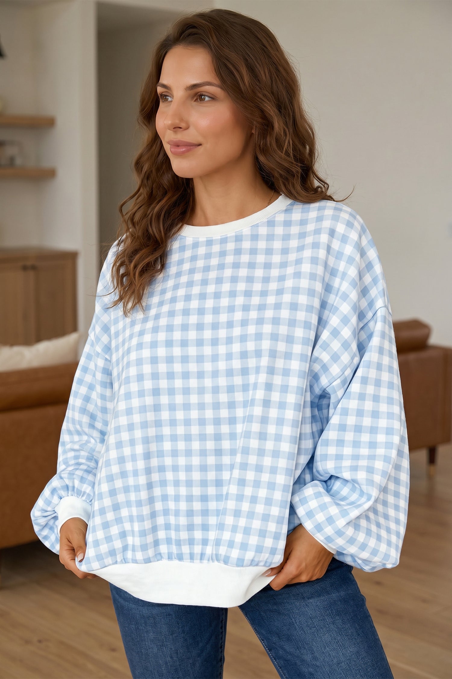 Light Blue Plaid Round Neck Long Sleeve Sweatshirt