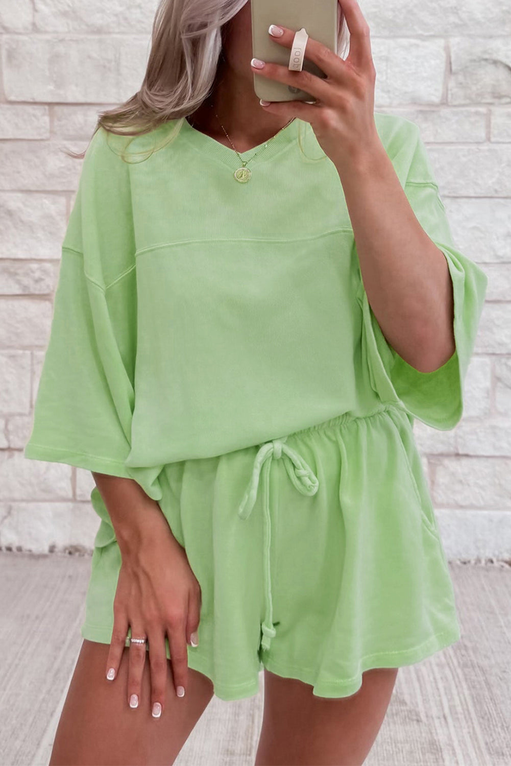 Bonbon Loose V Neck Tee and Drawstring Shorts Set