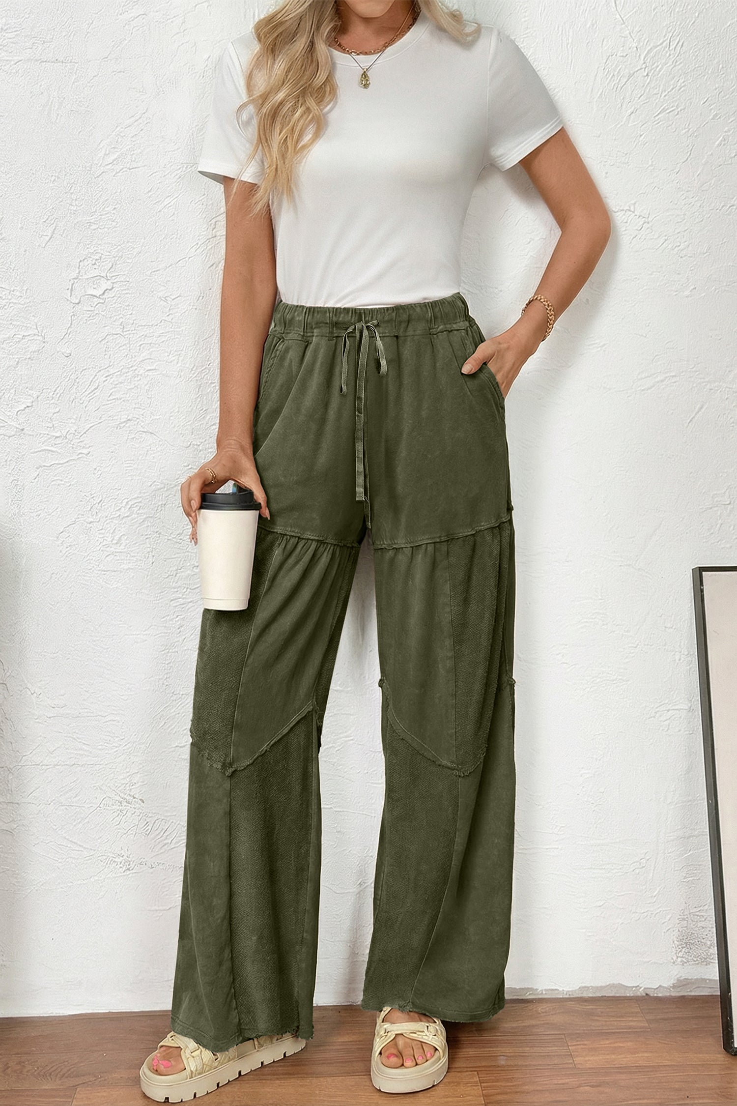 Vineyard Green Mineral Wash Tiered Wide Leg Patchwork Drawstring Pants