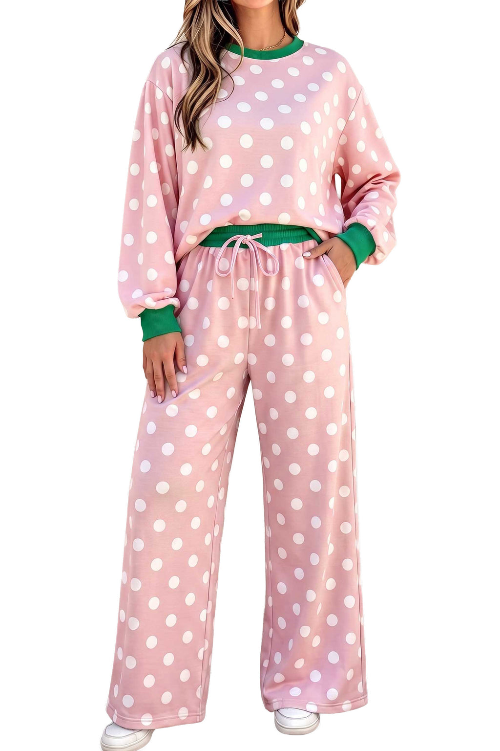 Khaki Polka Dot Contrast Trim Long Sleeve Top Drawstring Shift Pants Set