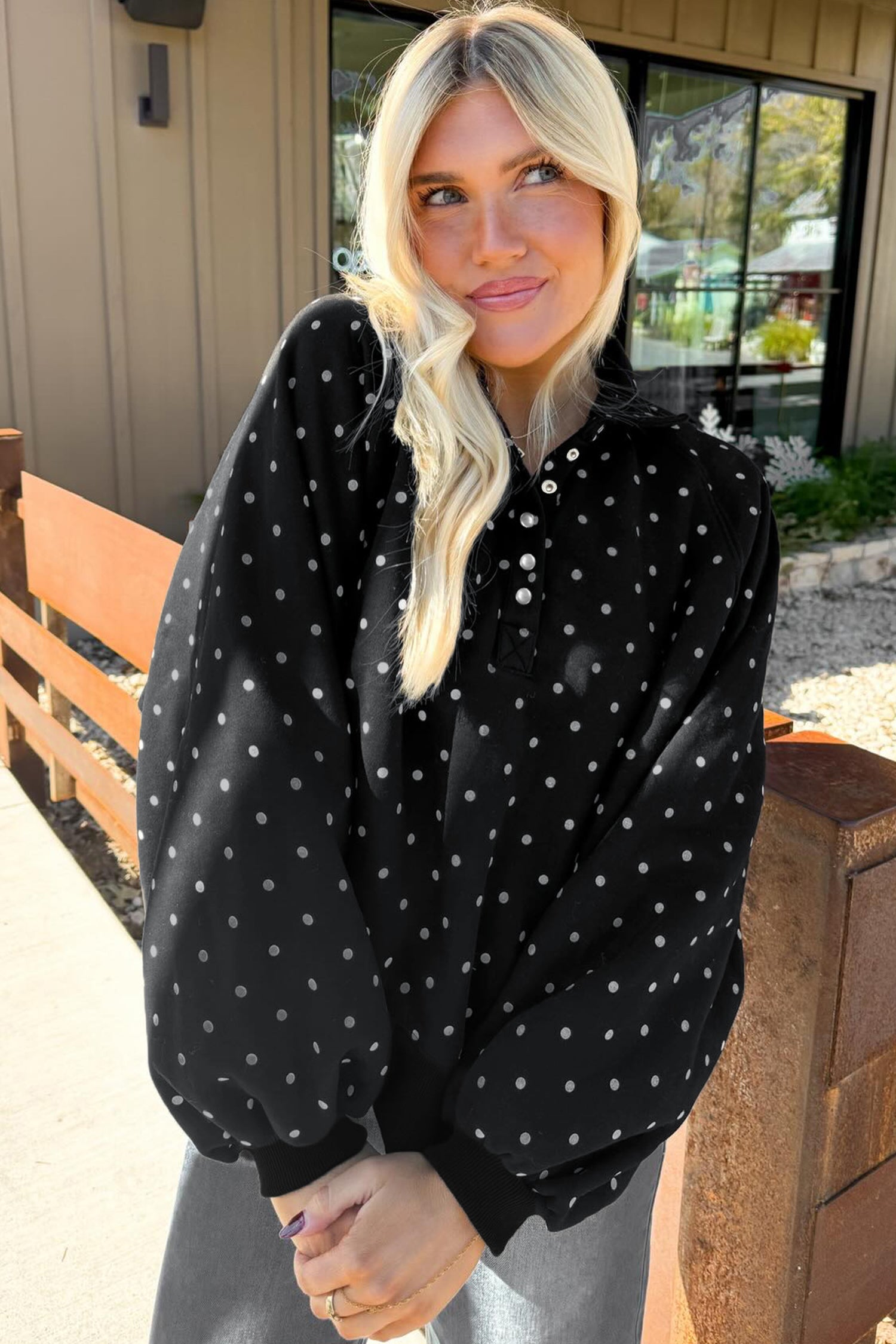Pink Polka Dot Print Metal Button Collar Casual Pullover Sweatshirt
