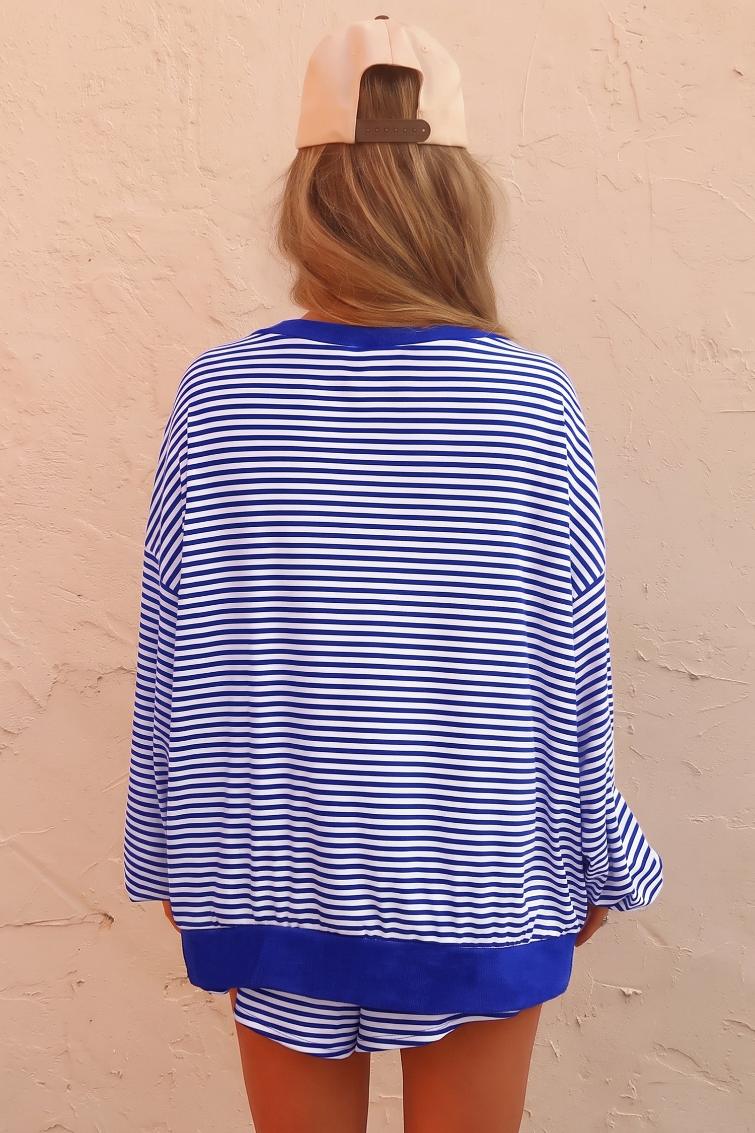 Yellow Stripe Oversized Long Sleeve Top Drawstring Loose Shorts 2pcs Set