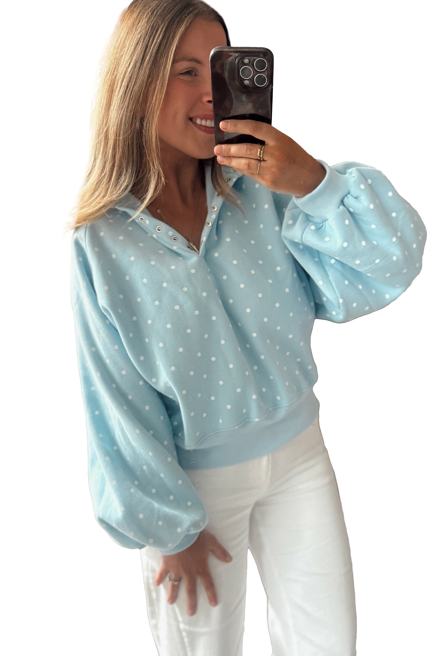 Pink Polka Dot Print Metal Button Collar Casual Pullover Sweatshirt