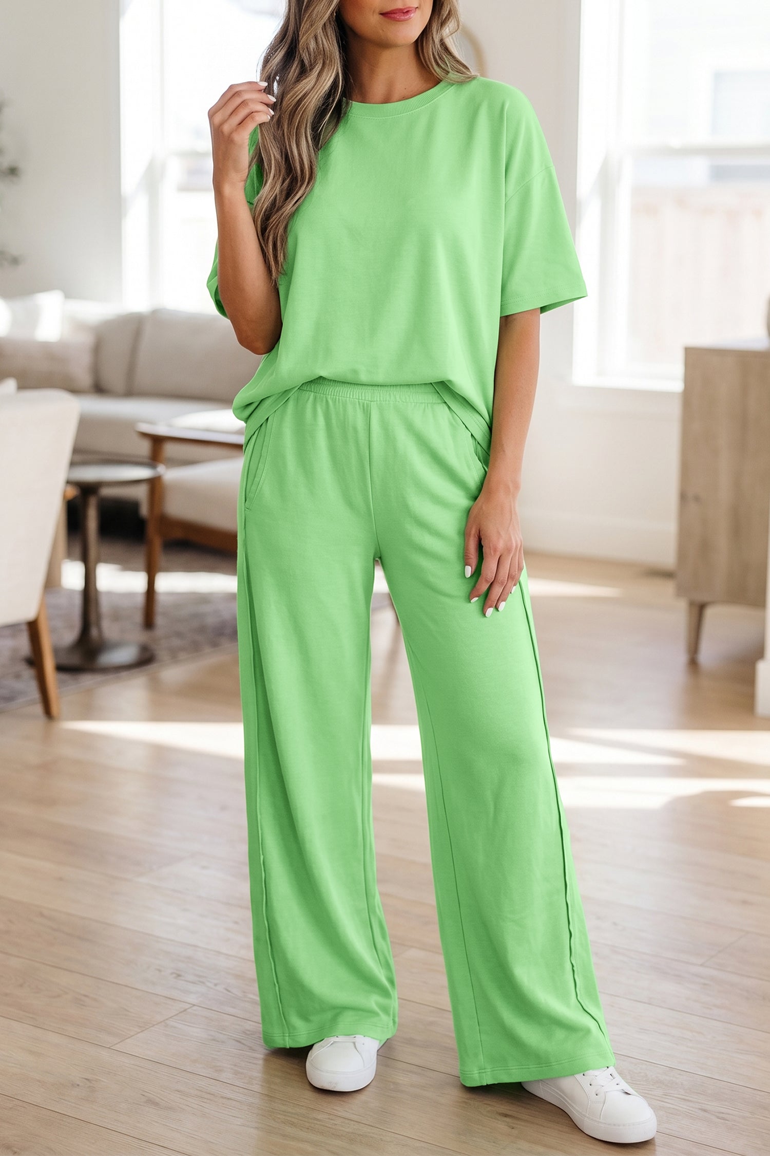 Sky Blue Solid Cover Oversize Tee Pocketed Casual Pants 2pcs Outfit