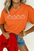 Orange Casual Pumpkin Embroidered Round Neck T-Shirt