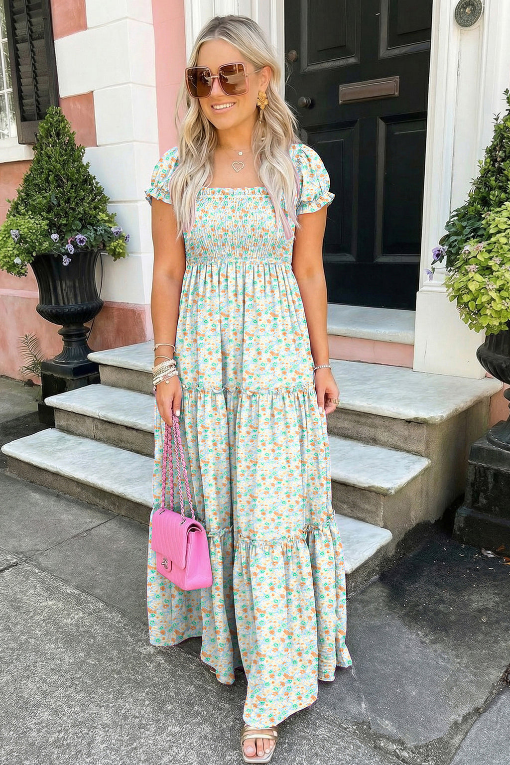 Green Floral Short Bubble Sleeve Shirred High Waist Maxi Dress