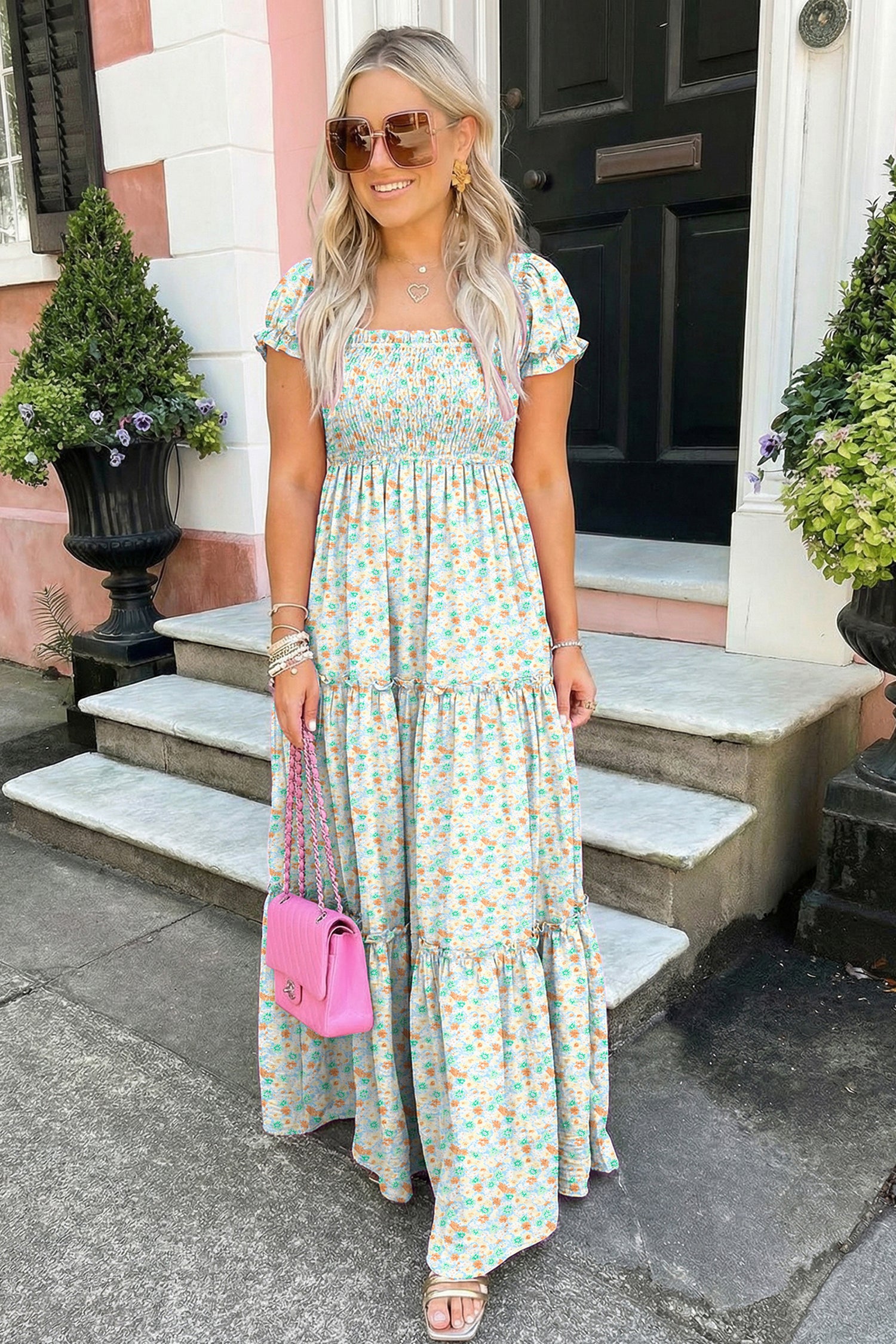 Green Floral Short Bubble Sleeve Shirred High Waist Maxi Dress