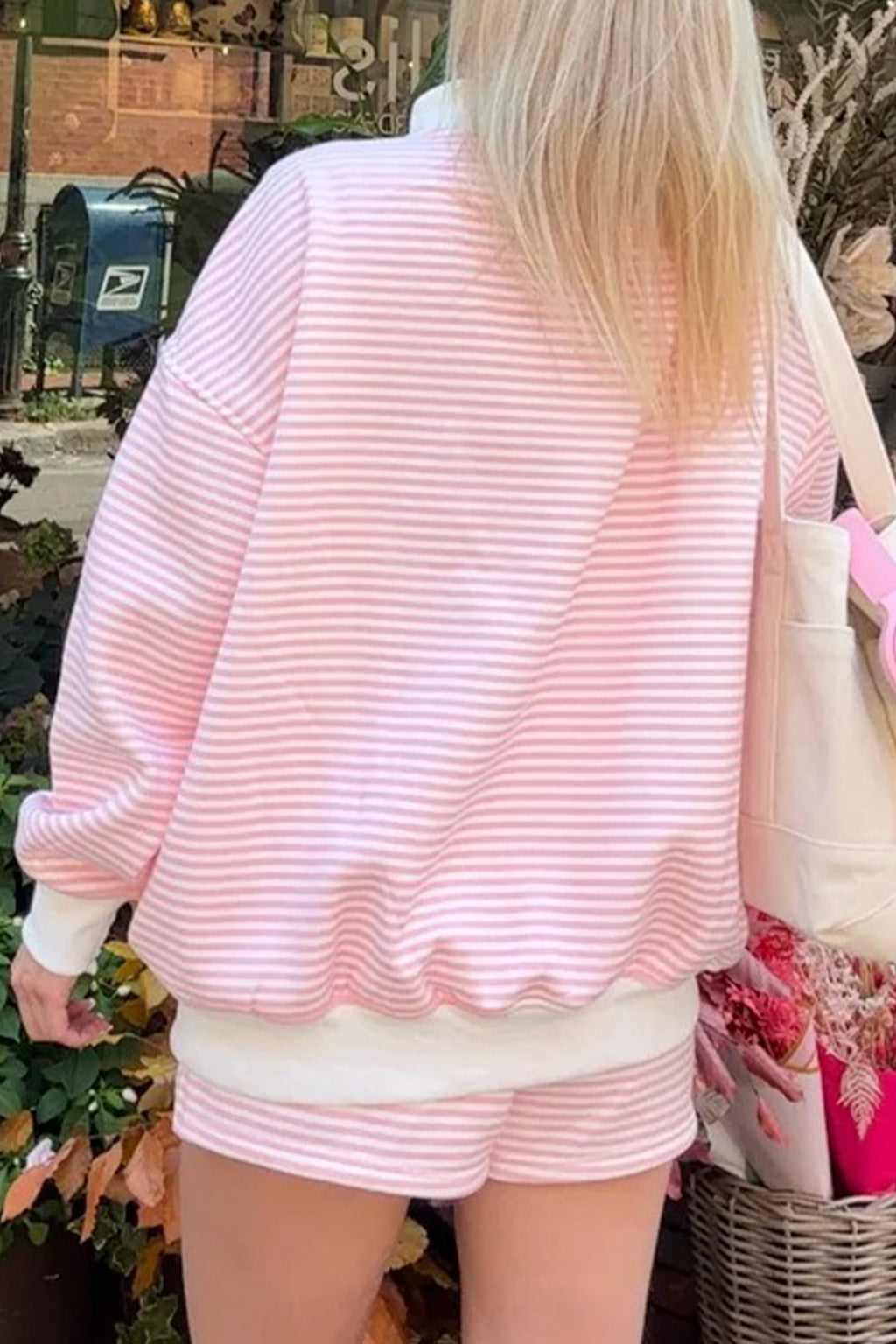 Sky Blue Stripe Oversize Mock Neck Sweatshirt and Shorts Set