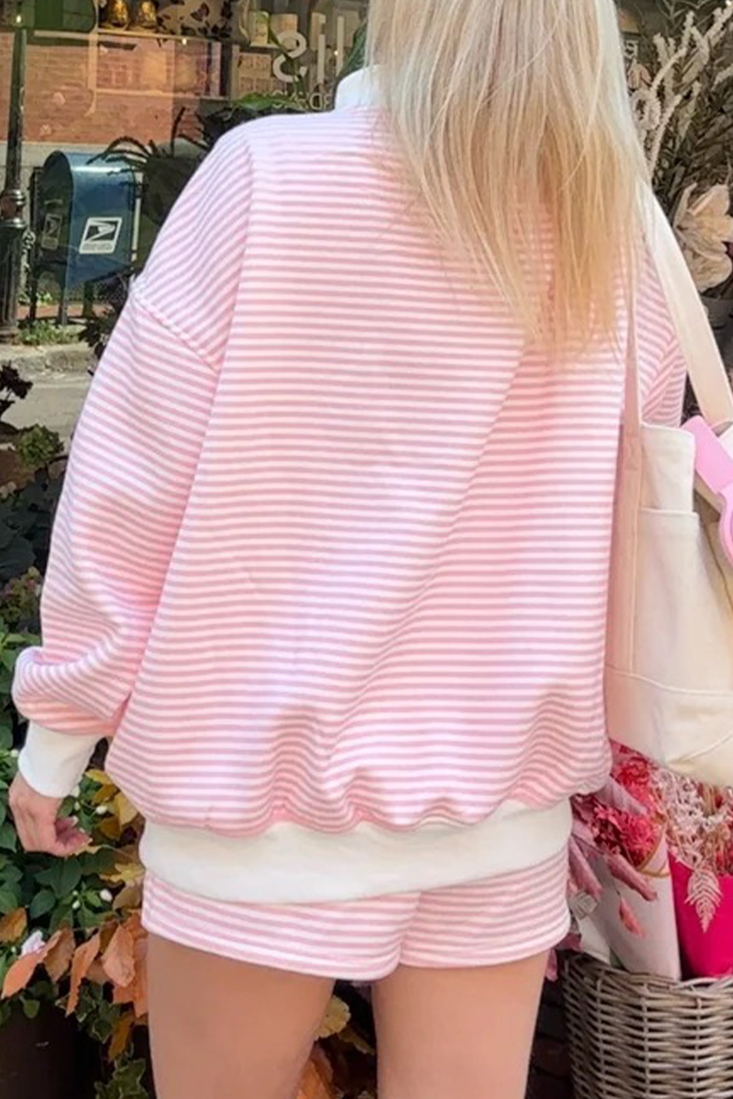 Sky Blue Stripe Oversize Mock Neck Sweatshirt and Shorts Set