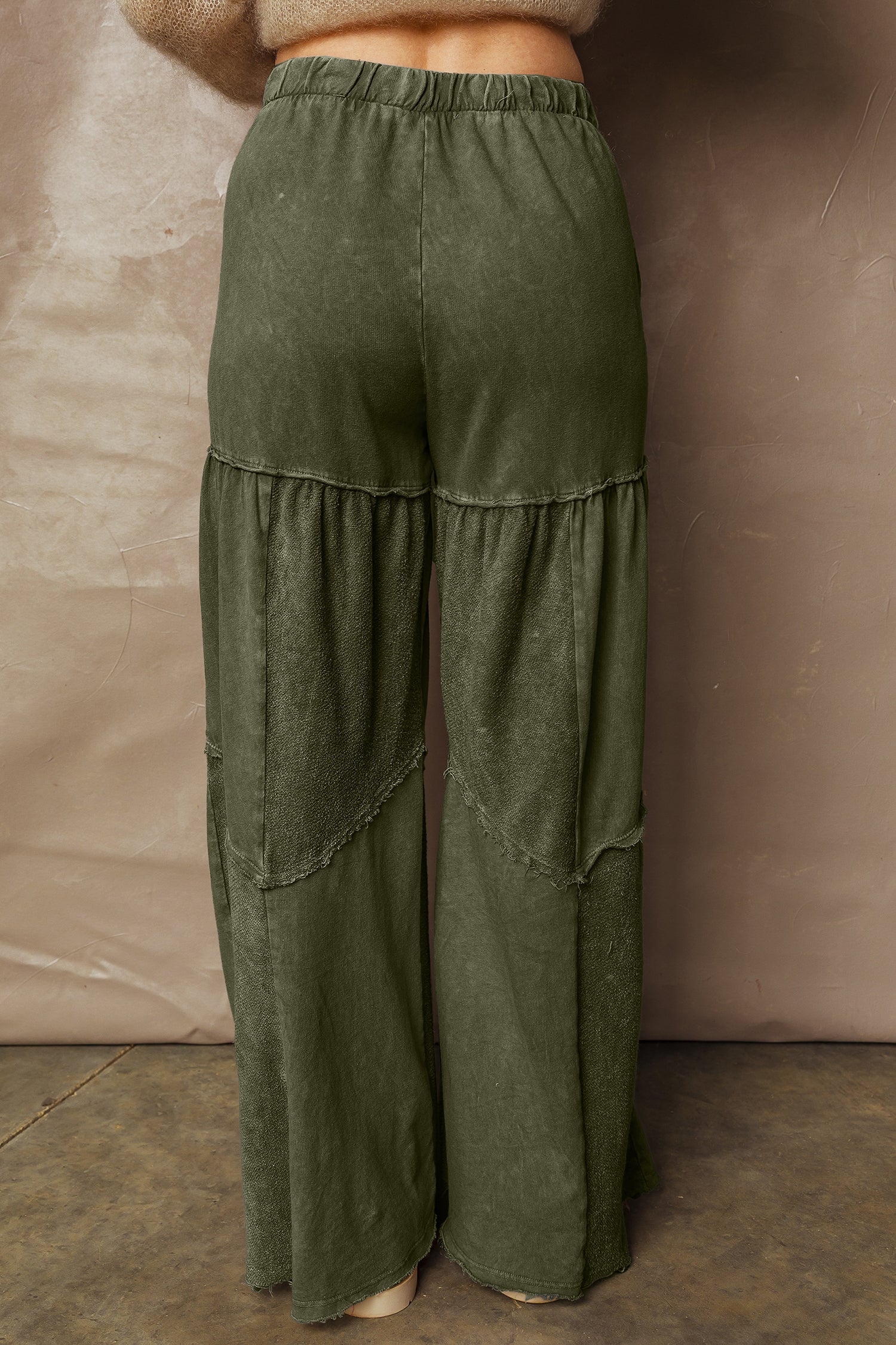 Vineyard Green Mineral Wash Tiered Wide Leg Patchwork Drawstring Pants