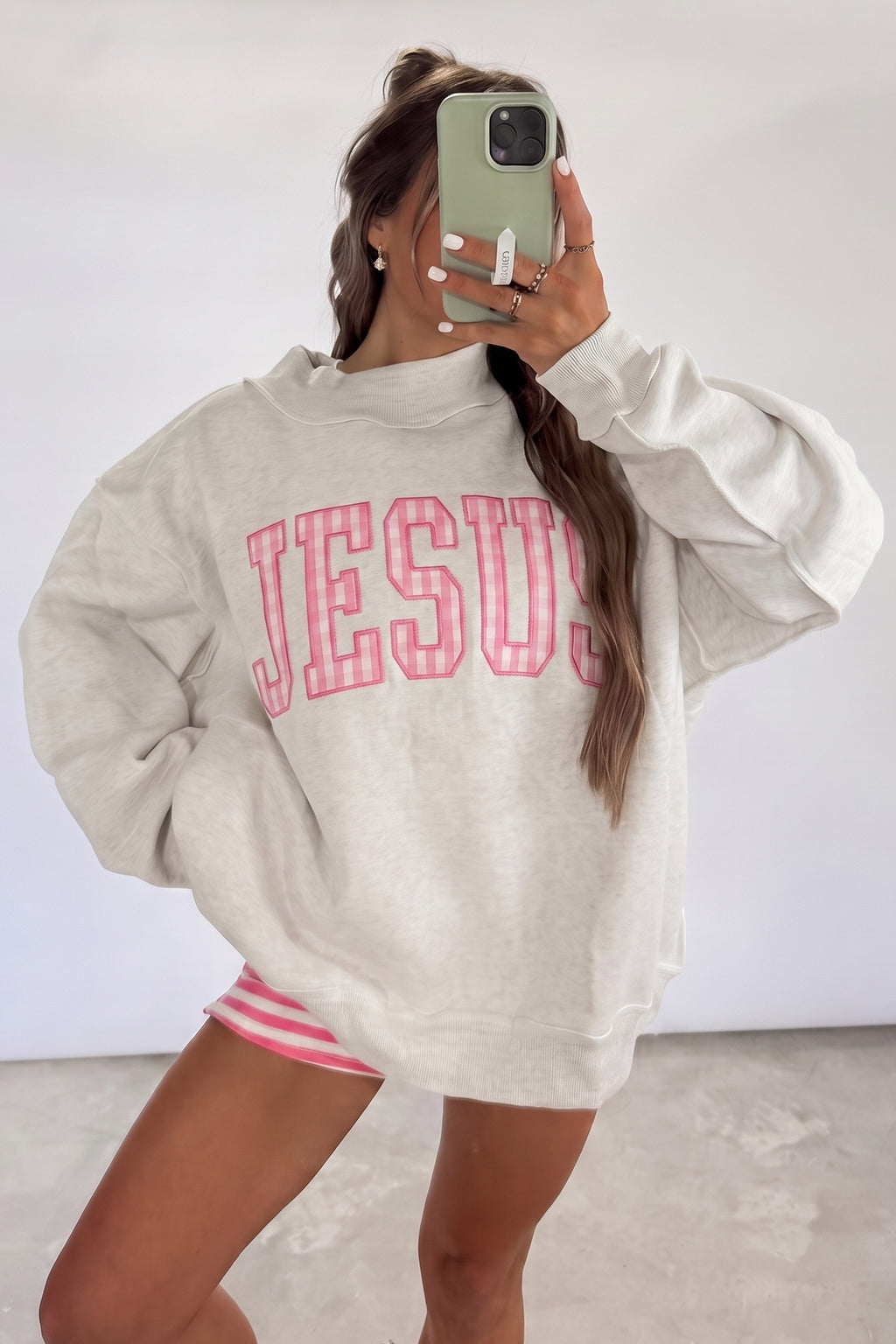 Gray High Neck Polka Dot Slogan Printed Baggy Sweatshirt