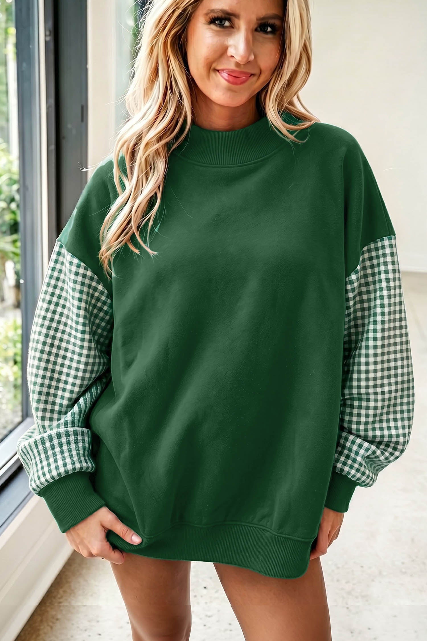 Fiery Red Plaid Sleeve Colorblock Loose Tunic Sweatshirt