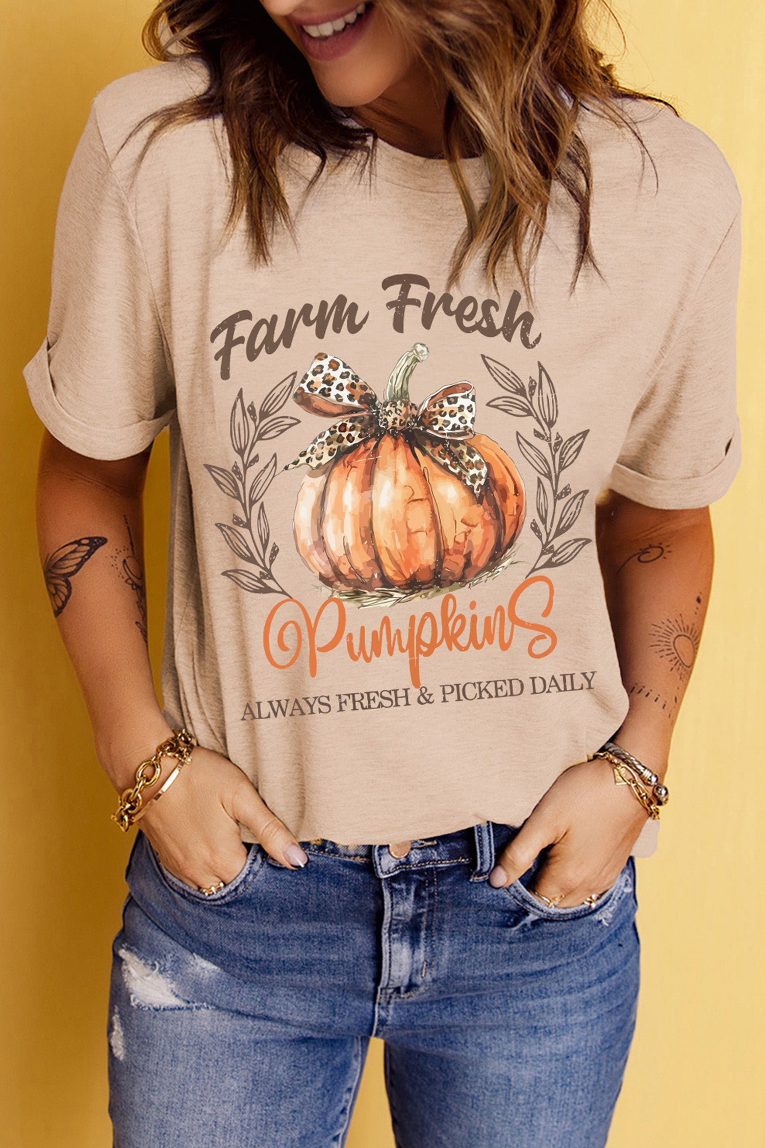 Khaki Farm Fresh Pumpkin Slogan Fall Thanksgiving Graphic Tee