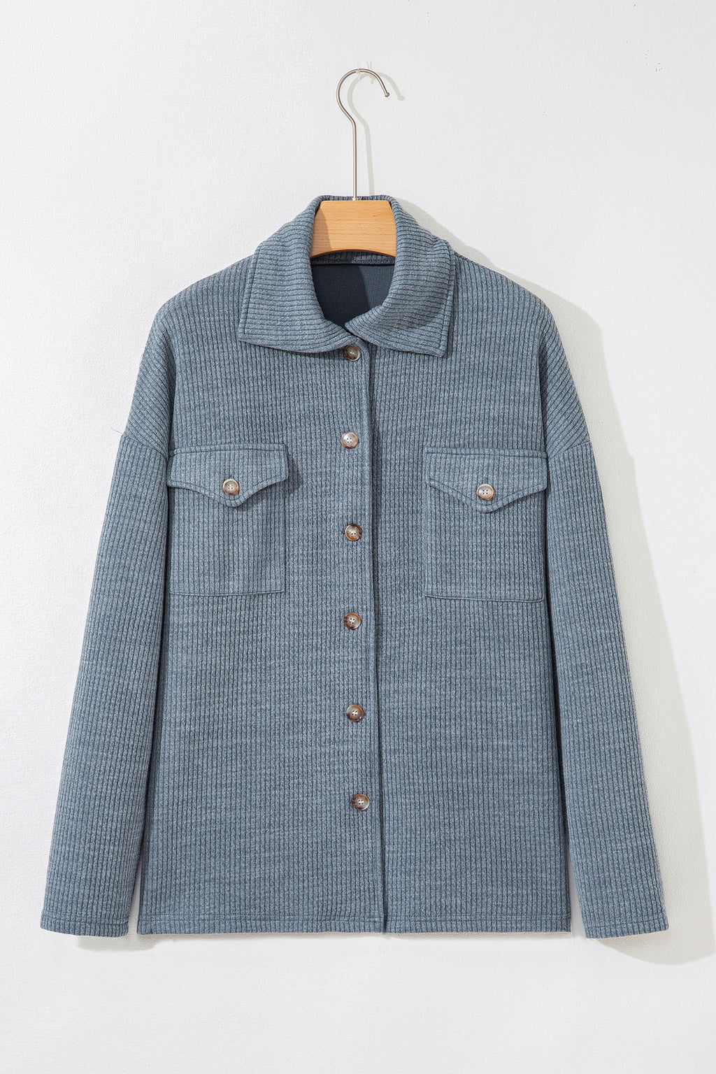 Medium Grey Ribbed Knit Buttons Front Flap Pocket Casual Shacket