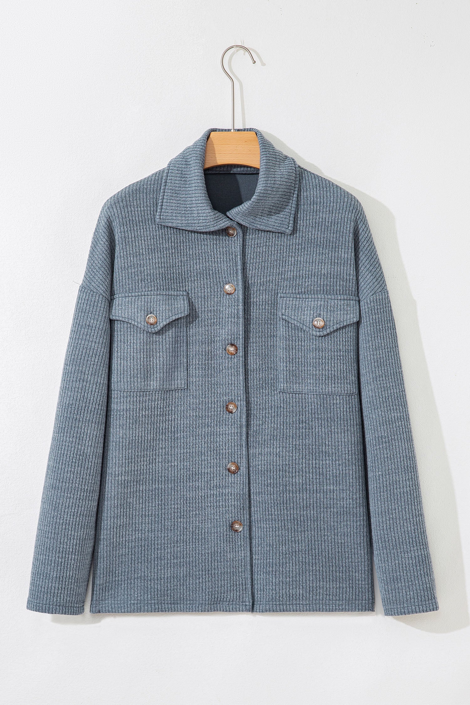Medium Grey Ribbed Knit Buttons Front Flap Pocket Casual Shacket