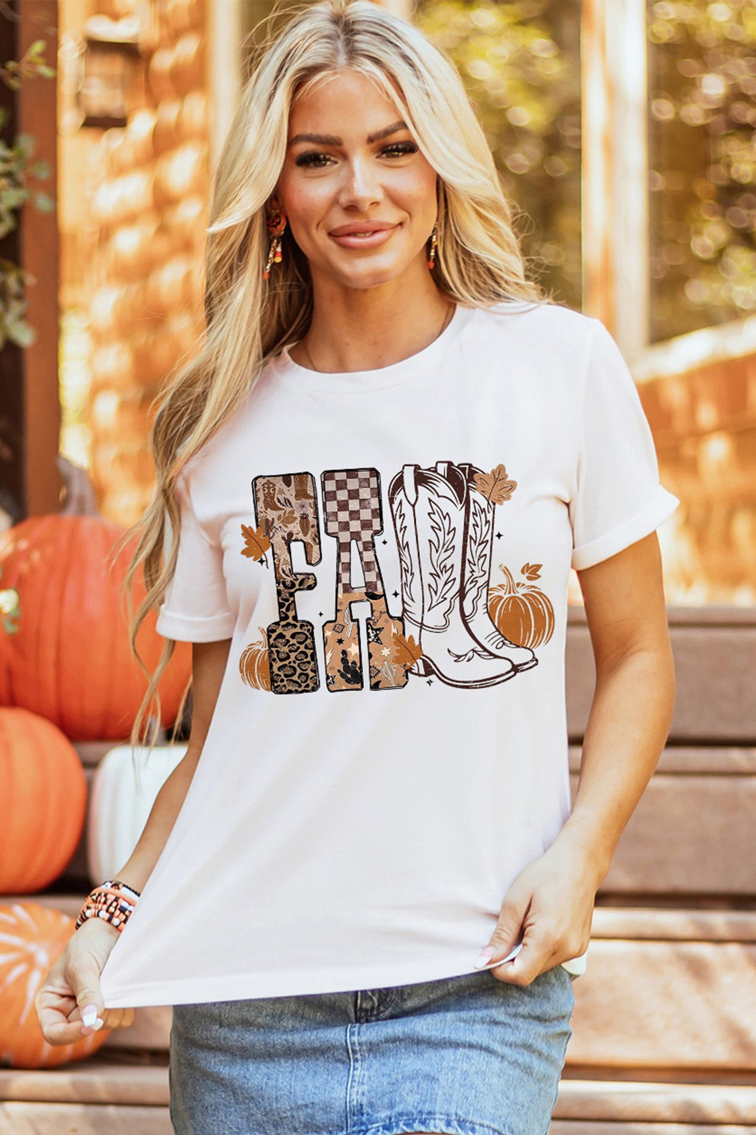 White FALL Letter Print Western Thanksgiving Graphic T-Shirt
